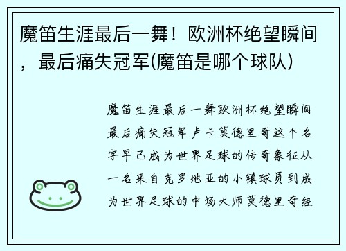 魔笛生涯最后一舞！欧洲杯绝望瞬间，最后痛失冠军(魔笛是哪个球队)